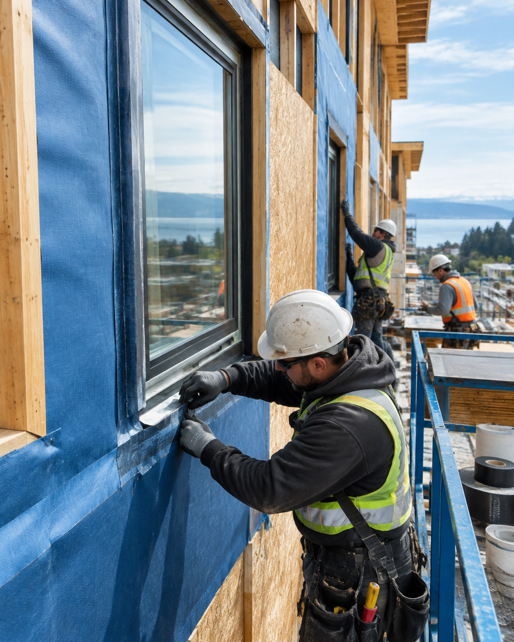 Construction crew working on an exterior envelope